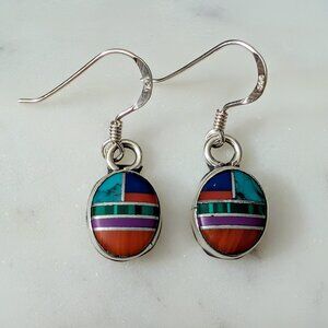 Southwestern Sterling Silver Multi-Stone Inlay Oval Dangle Earrings